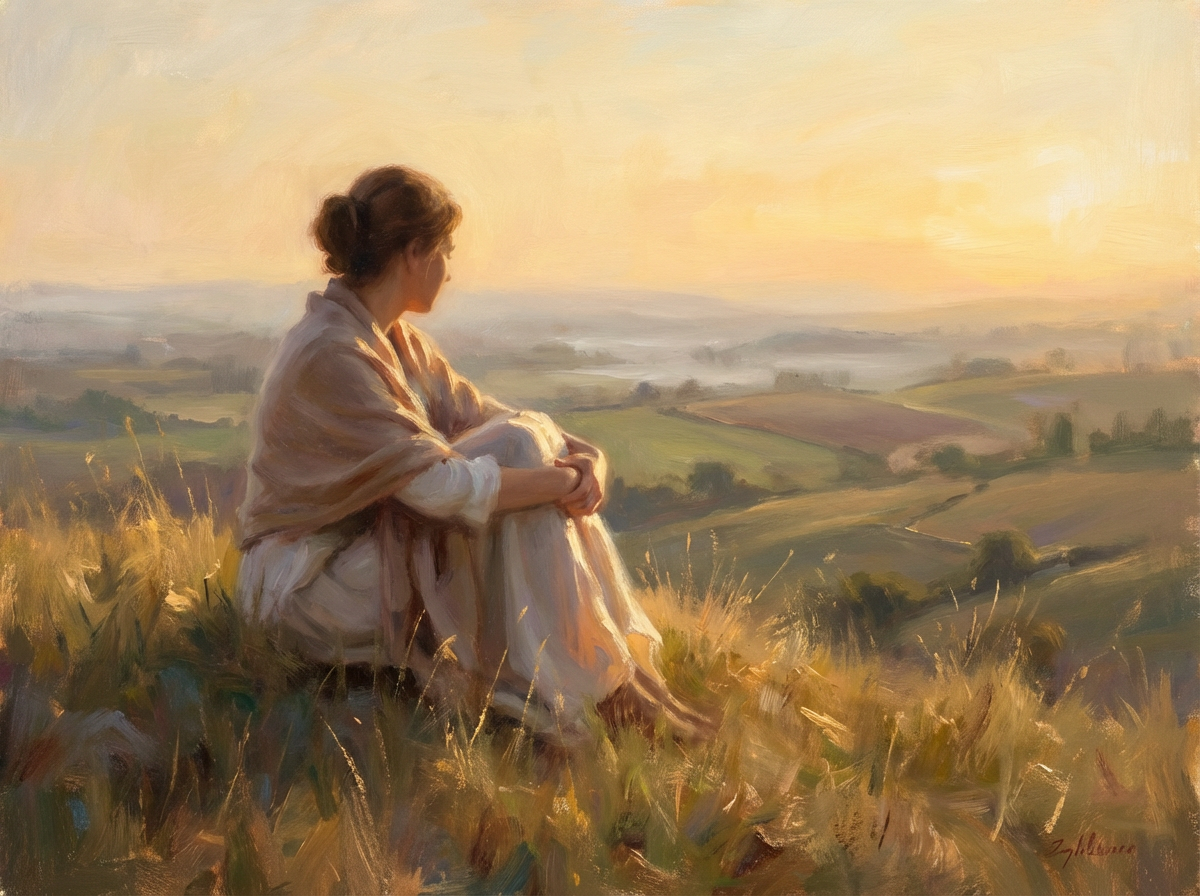 Женщина на холме, золотой закат