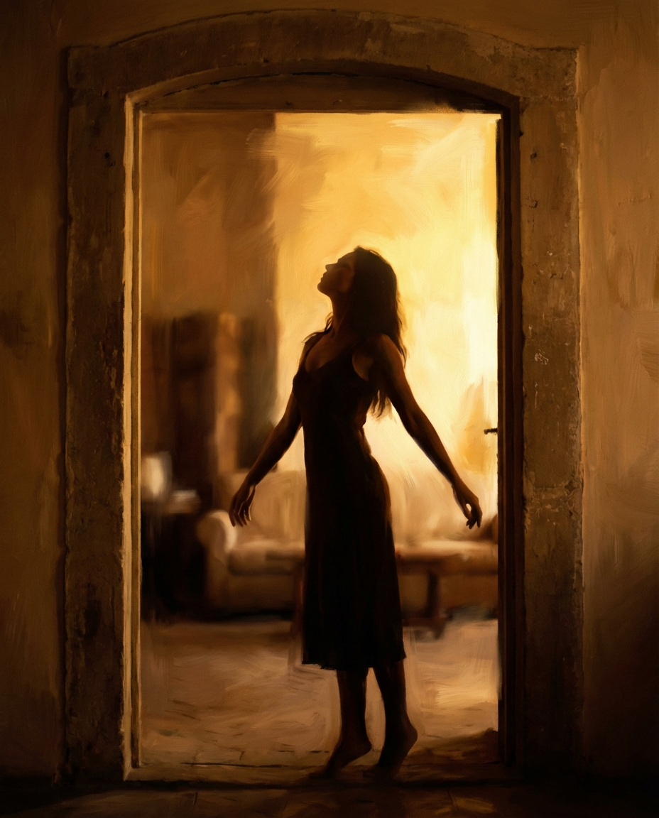 Женщина в проёме двери, свет впереди